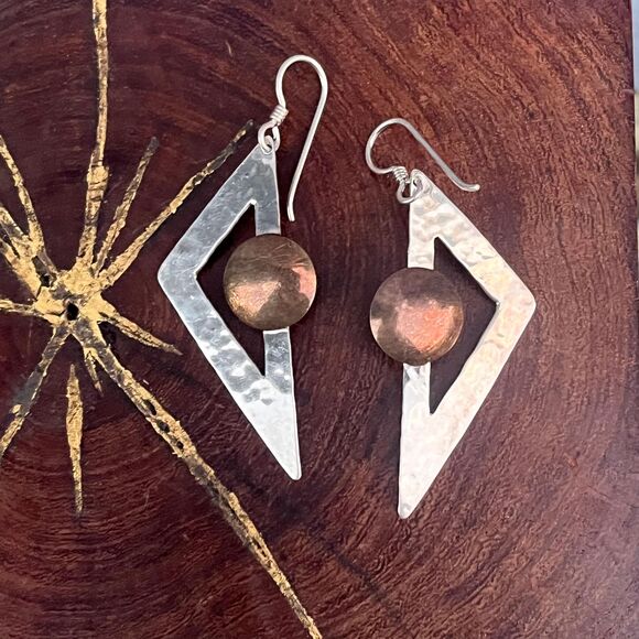 Mixed Metal Triangle Earrings Sterling Silver Copper Industrial jewelry - Picture 3 of 10
